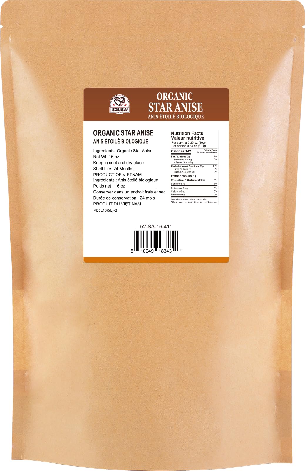 52USA Organic Star Anise, 16 Ounce, NON-GMO Verified Chinese Whole Star Anise Pods