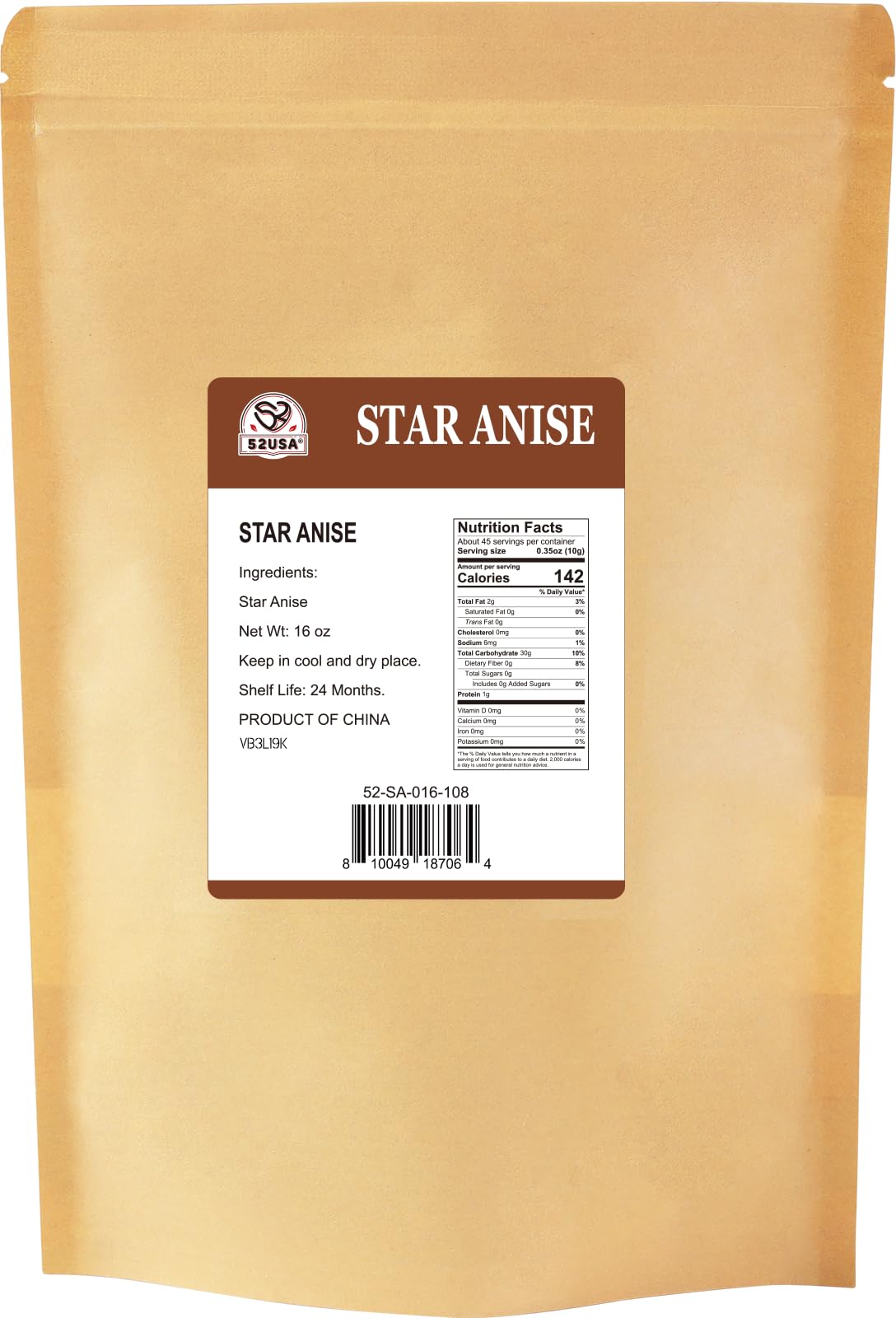 52USA Star Anise, 16 oz — Non-GMO Verified Whole Chinese Star Anise for Tea & Baking