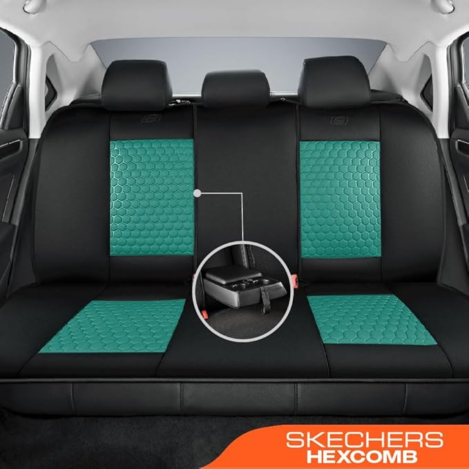 Skechers Memory Foam™ Car Seat Cover Full Sets, Hexcomb Breathable Thick Seat Covers, Airbag Compatible, Automotive Comfort & Protection for Most Cars,Van,Trucks, SUVs (Green,Full Set)