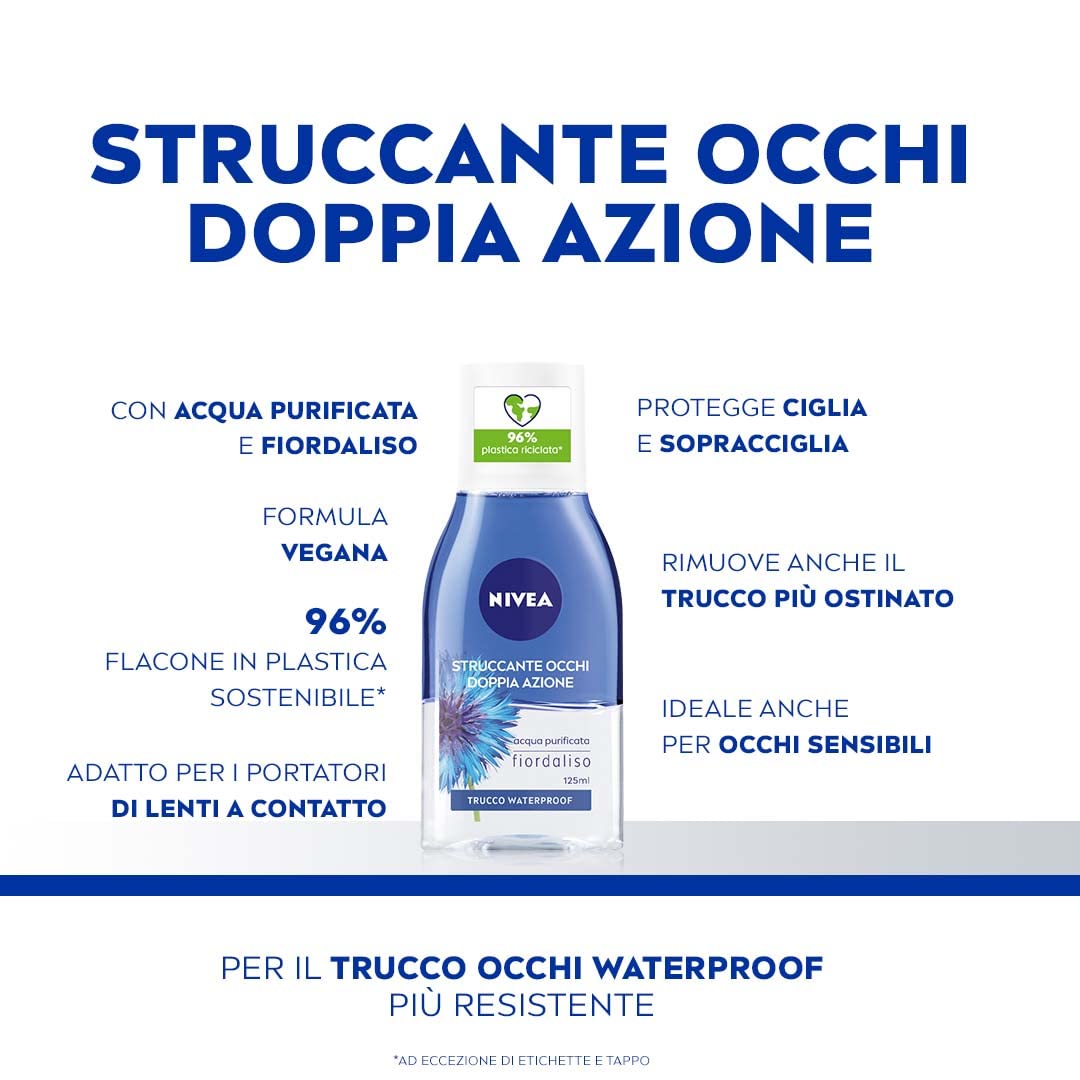 NIVEA Double Action Eye Makeup Remover with Purified Water and Cornflower Extracts Eliminate Waterproof Makeup - 4 x 125ml Bottles