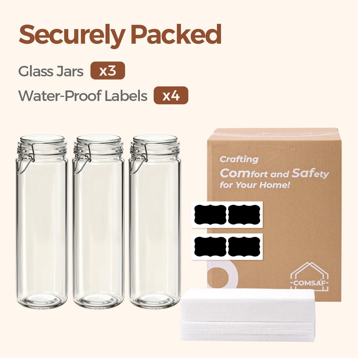 ComSaf Tall Glass Pasta Containers with Airtight Lids 68 oz 3 Pack Canister