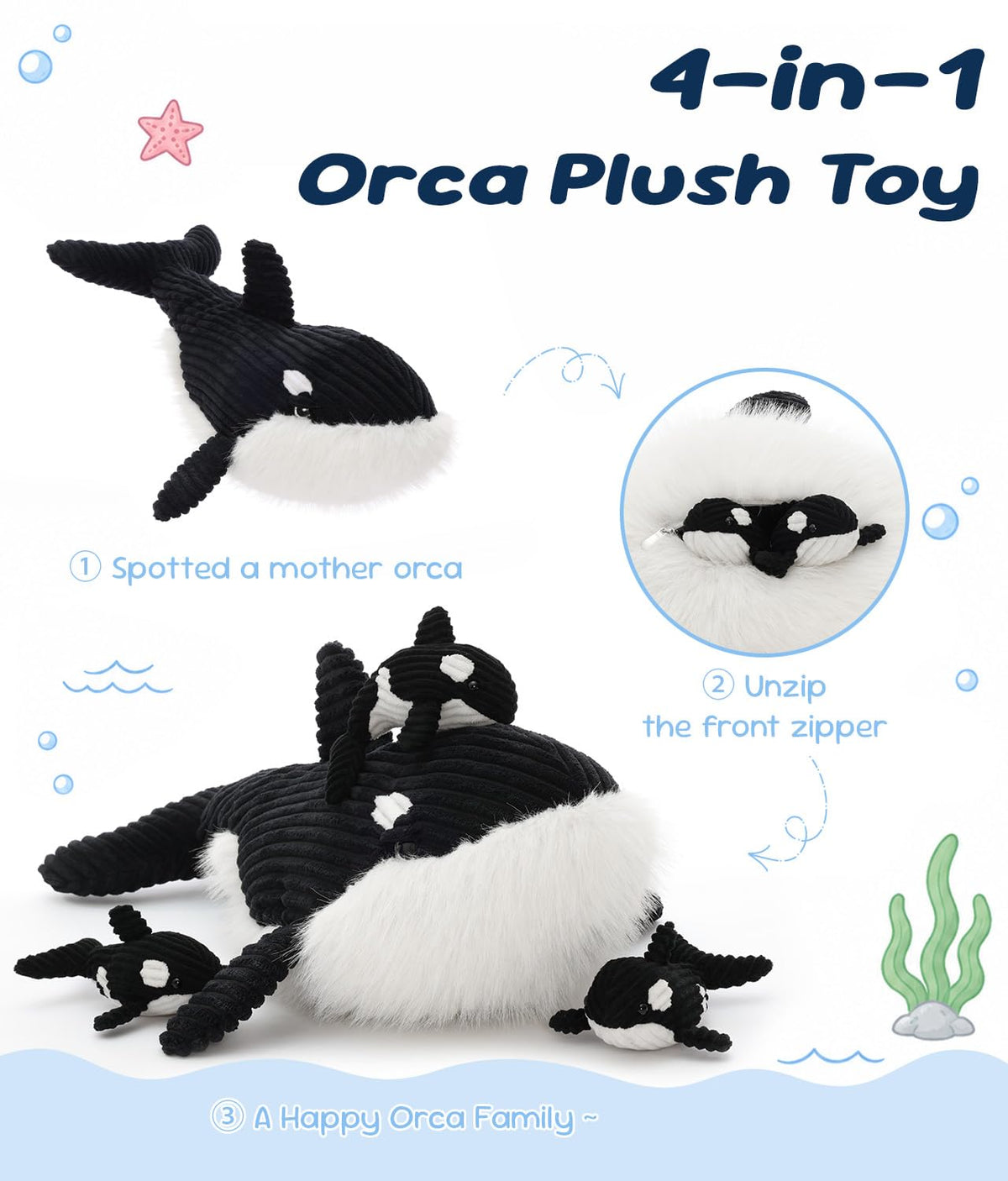 MorisMos 4Pcs Orca Stuffed Animals with Babies Inside, 23.6in Orca Family Plush Toy, Killer Whale Stuffed Animal Birthday for Kids Girls Boys
