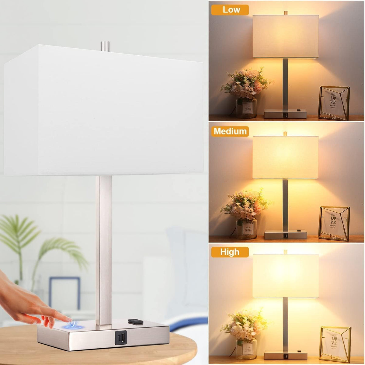 21" Touch Bedside lamps with 2 USB & AC Outlets, 3-Way Dimmable Bedside Table Lamps Set of 2 for Bedroom Living Room Office Reading, White Shade Lamps for Night Stands, 3000K LED Bulbs Included