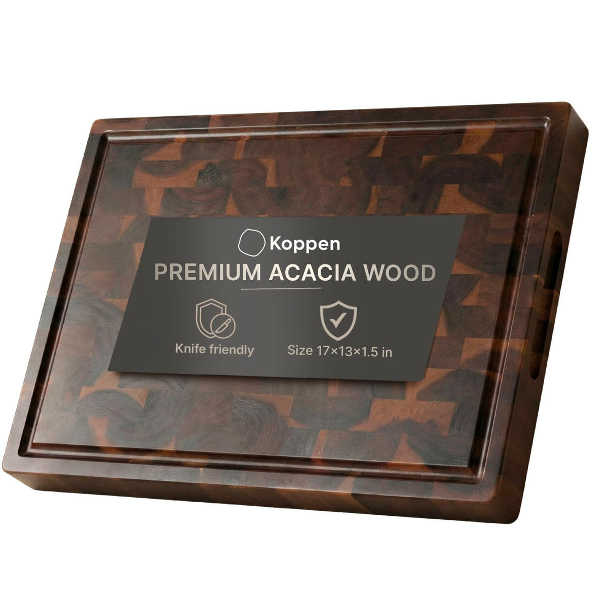 Koppen Wood End Grain Cutting Board, Knife-Friendly Butcher Block with Juice Groove, Inner Handles & Food Well, Reversible Heavy Duty Serving & Chopping Board, Walnut Color