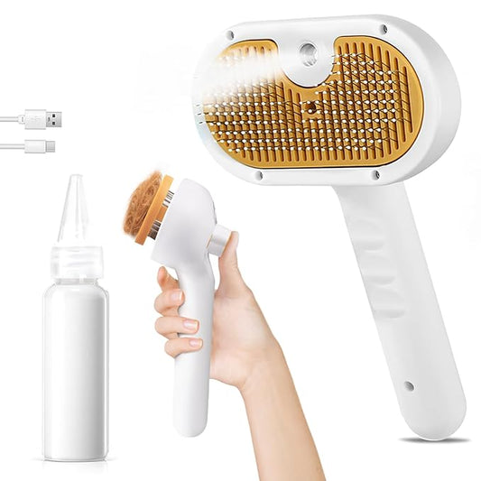Pet Steam Brush for Dog & Cat - 3-in-1 Steam Grooming Brush for Shedding & Hair Removal - Self Cleaning Spray Comb with Mist for Long Haired Pets, Yellow