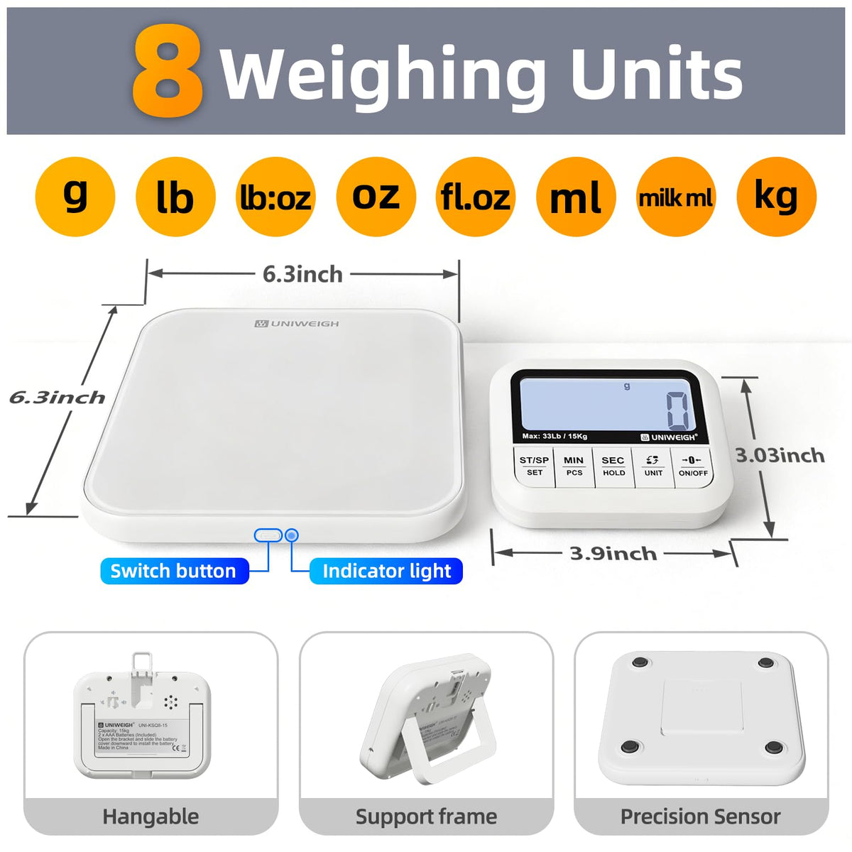 UNIWEIGH Digital Kitchen Food Scale 33lb-Detachable LCD Display 1g/0.1oz