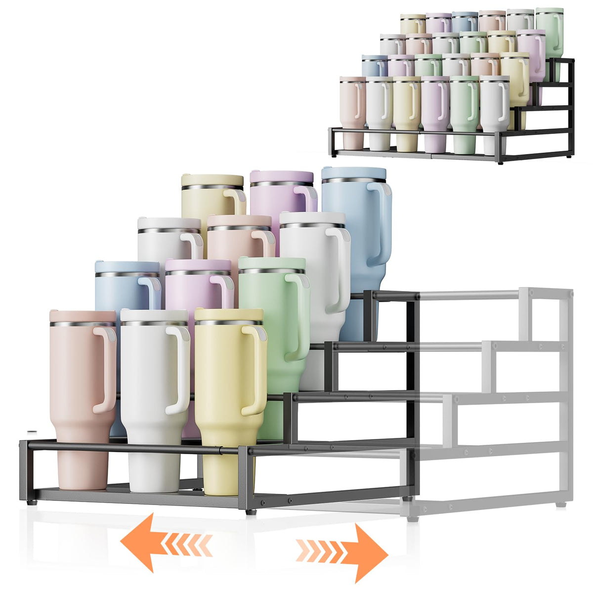 MOJOHAND Expandable 4-Tier Stanley Cup Holder, 12-24 Cups, Iron Sides