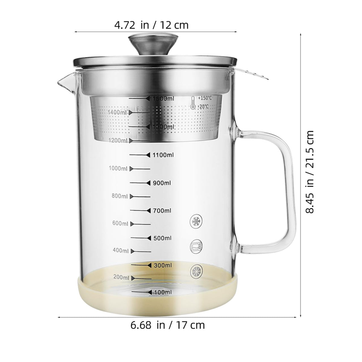Kichvoe 1.5L Glass Pitcher with Fine Mesh Strainer & Scale: Bacon Grease Container Food Strainer Soy Milk Filter Teapot with Lid For Oil Milk Juice Water Tea Beverages