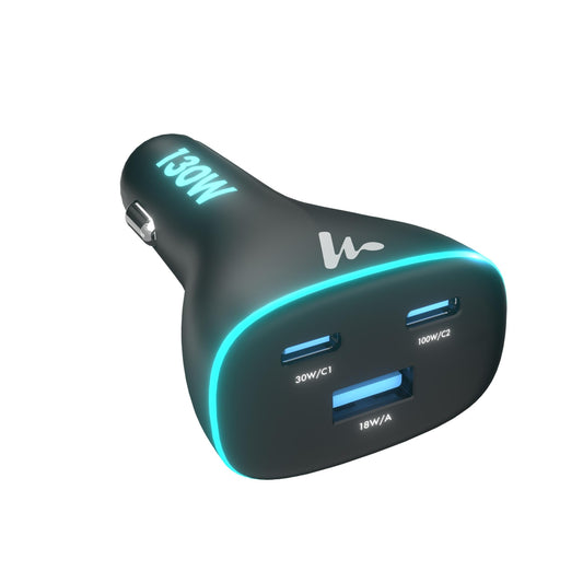 PD 130W Superfast Charging 2.0 Wozoyo Car Charger, with 2XType C & USB-A, PPS & QC 3.0, Triple Port (100W + 30W + 18W), 12V–24V Compatible, Multi-Layer Protection, 2-Years Manufacturer Warranty
