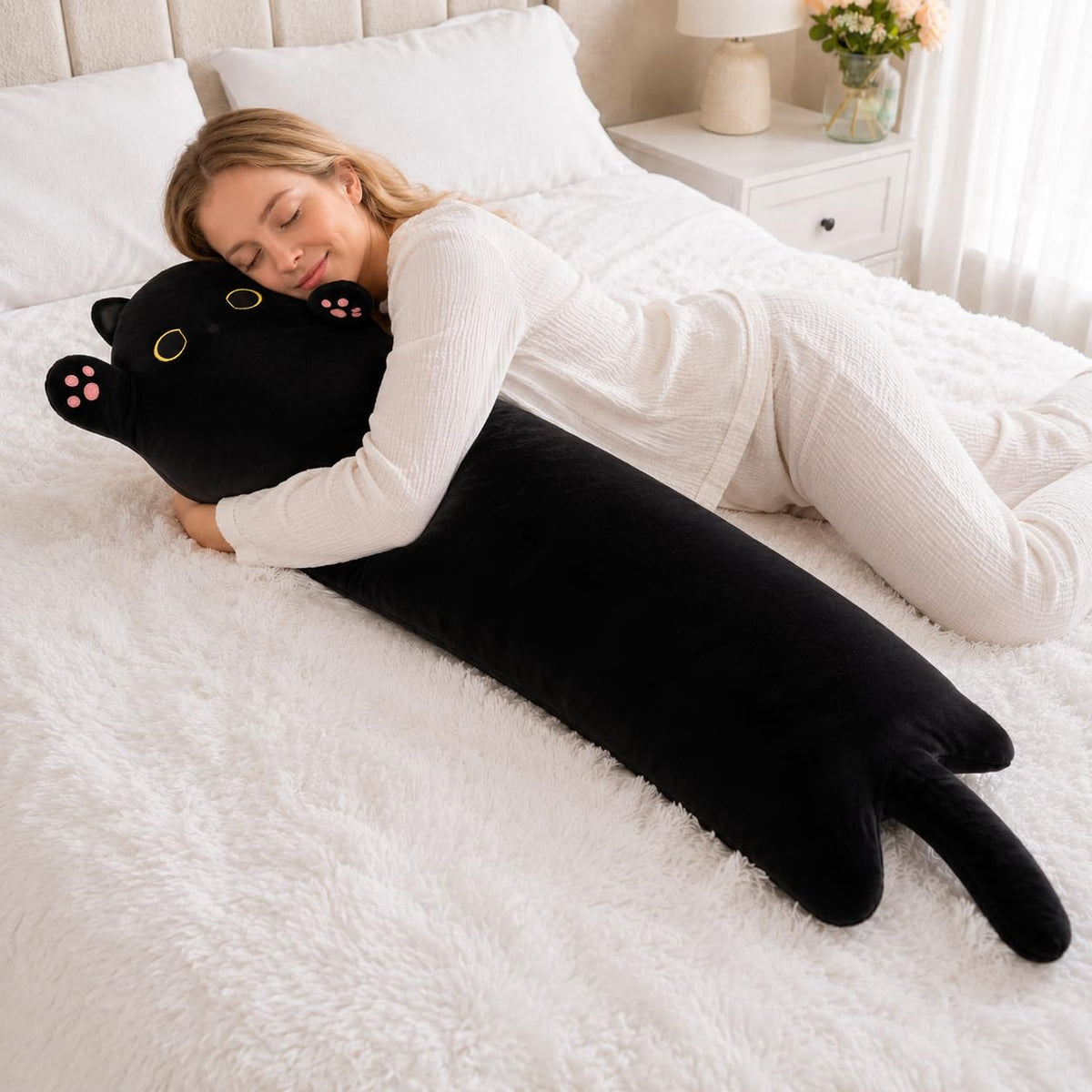 Long Cat Plush Cute Black Cat Stuffed Animals 43inch Soft Plushies Body Pillow Kitten Plush Throw Pillow Kawaii Big Plush Doll Toys Gift for Kids Girlfriend Birthday, 110cm/43.3inch