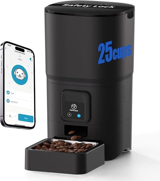 PAPIFEED 2.4G WiFi Automatic Cat Feeder, 6L/25Cup Automatic Pet Feeder with APP Control for Remote Feeding, Detachable for Easy Clean, Cat Food Dispenser with Alexa,1-10 Meals Per Day for Dog, Black