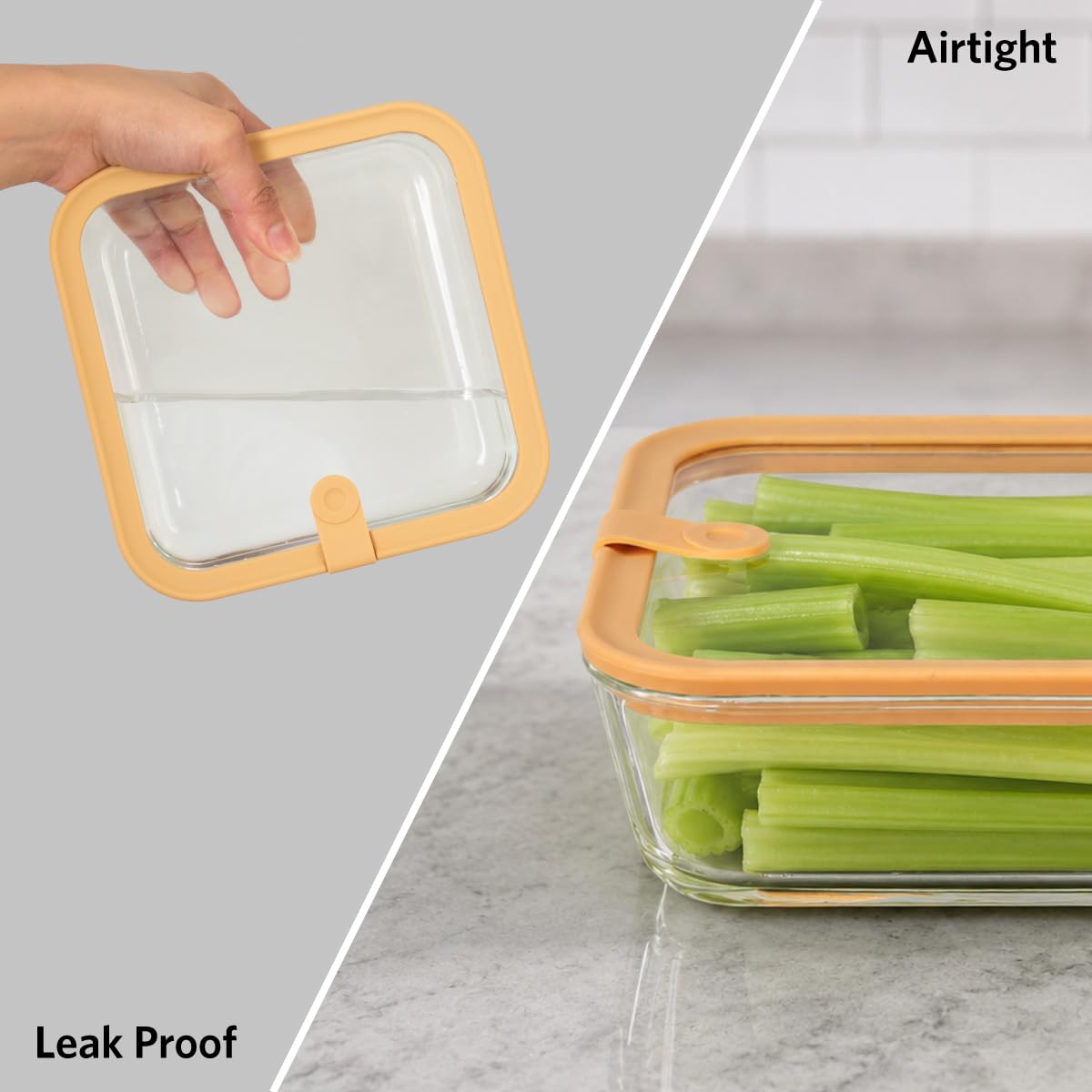 Glad Glass Food Storage Containers, Set of 3 - Airtight Vacuum Sealed Steam Vent Lids - Square Borosilicate Glass Dishes with Ombre Green Lids - Assorted Sizes for Meal Prep & Leftovers, Brown