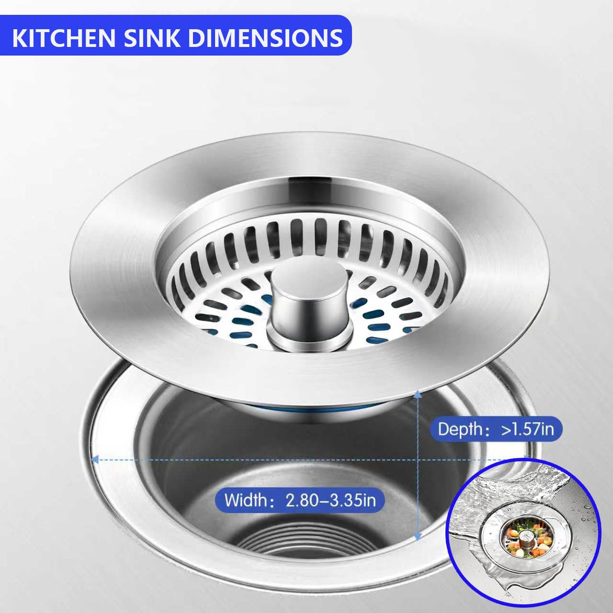 Upgraded 3-in-1 Kitchen Sink Drain Strainer & Stopper - Stainless Steel Anti-Clogging Food Catcher Basket, Universal Sink Protector Cover Filter, Fits US Standard 3-1/2 Inch Drain (Silver-1Pack)
