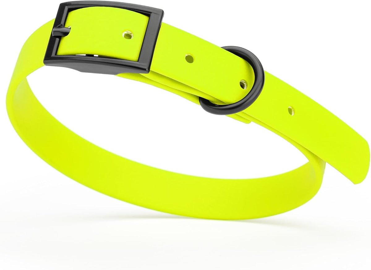 Dogline Biothane Waterproof Dog Collar Strong Coated Nylon Webbing with Black Hardware Odor- Proof for Easy Care Easy to Clean High Performance Fits Small Medium or Large Dogs, Safety Yellow