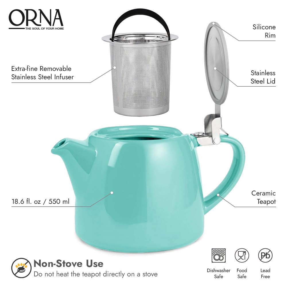 ORNA Ceramic Teapot with Tea Infuser – Small Tea Pot for Loose Leaf Tea – 550ml / 18.6 Oz Non-Stove Porcelain Teapot for 2 Cups with Tea Strainer (Turquoise)