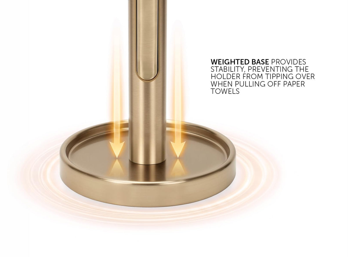 Ivilon Countertop Paper Towel Holder - Weighted Heavy Duty Steel Stand with Non-Slip Base for a Steady One-Handed One Sheet Tear - Fits All Rolls - Warm Gold