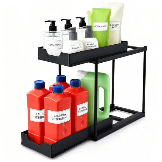 Under Sink Organizer for Bathroom & Kitchen, Large Capacity 2-Layer Sliding