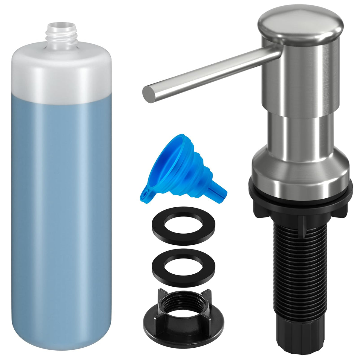 Dish Soap Dispenser, Kitchen Sink Soap Dispenser Pump with 17 OZ Bottle, Refill from The Top, Wide Pump Head Base (Brushed Nickel)