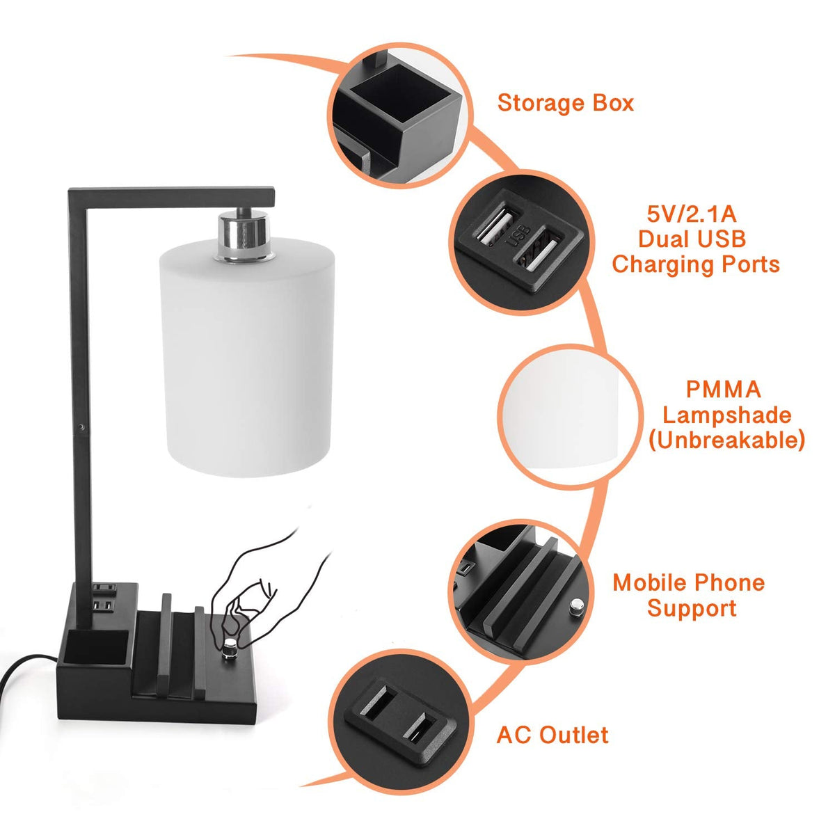 Bedroom Lamps for Nightstand, 3 Color Temperature Nightstand Lamp Bedside Lamps with Dual USB Ports and Outlet, Modern Table Lamp Built-in Pen Holder & Phone Stands, Energy Saving LED Bulb Included
