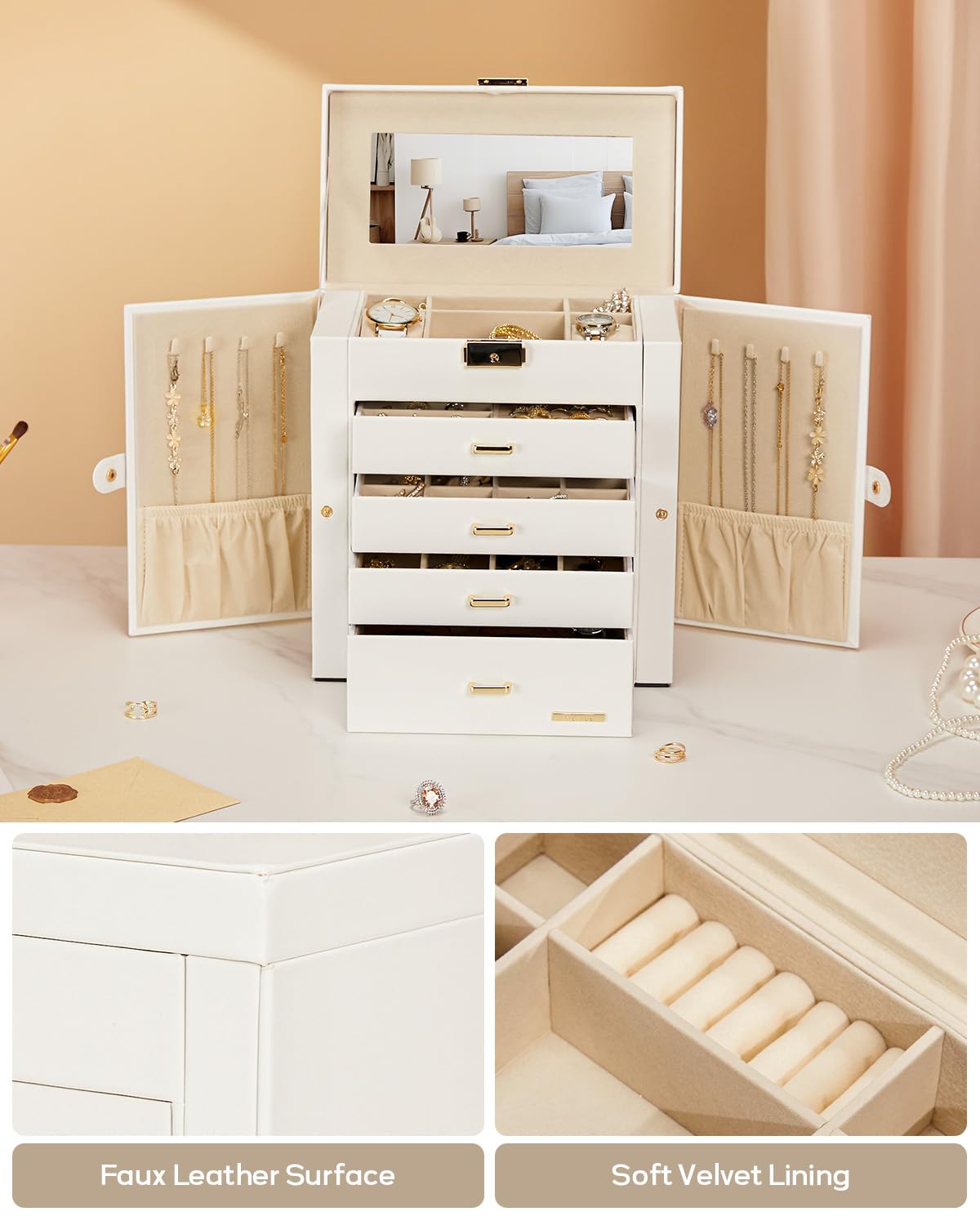 Homde Large Jewelry Box for Women: 5-Layer Organizer with Lock for Dresser