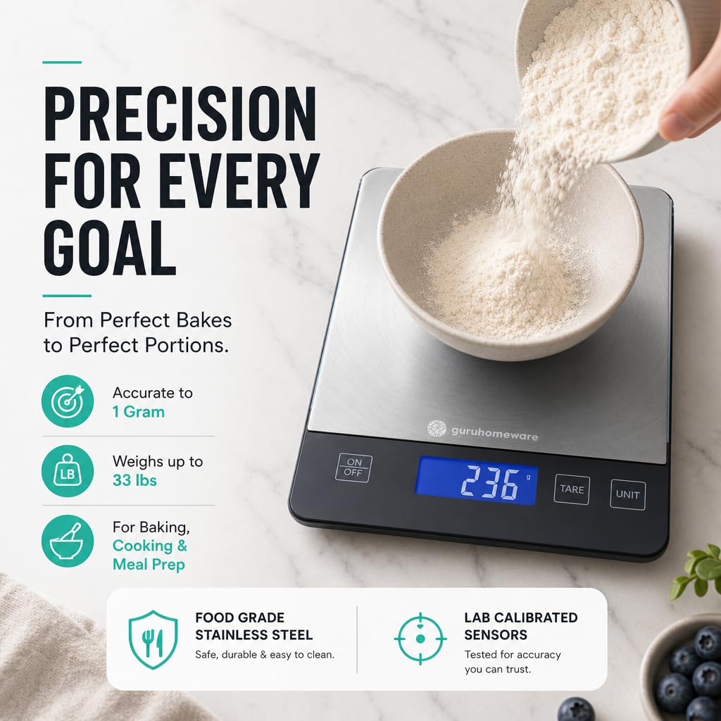 Digital Kitchen Scale – Accurate 33lb Food Scale, Measures in Grams & Ounces, USB Rechargeable, Tare Function, 5 Units – Ideal for Cooking, Baking & Meal Prep