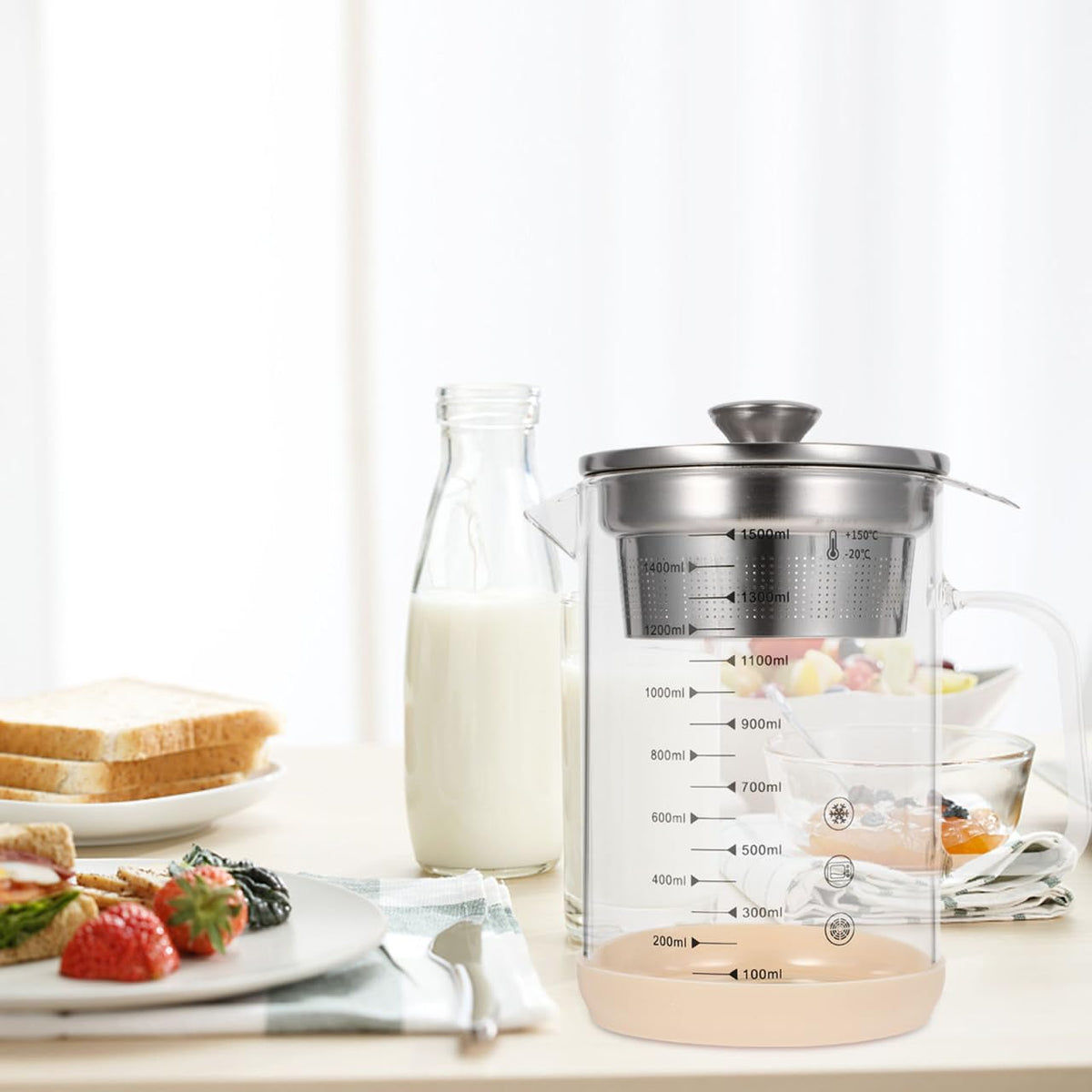 Kichvoe 1.5L Glass Pitcher with Fine Mesh Strainer & Scale: Bacon Grease Container Food Strainer Soy Milk Filter Teapot with Lid For Oil Milk Juice Water Tea Beverages