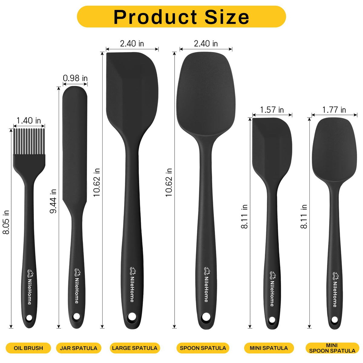 NileHome 6 Pieces Silicone Spatula Set with Silicone Brush,Mixing-Black
