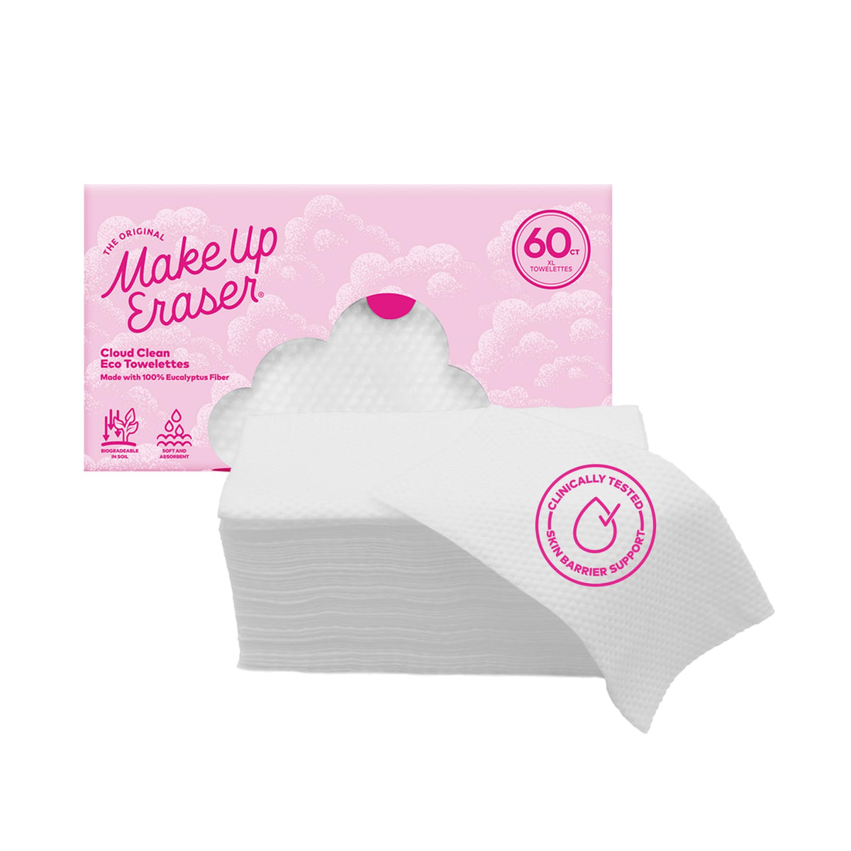 MakeUp Eraser Cloud Clean Eco Towelettes, Certified 100% USDA Biobased Face Towel, Biodegradable Disposable Face Towelette, Dry Wipe Made From Ultra Soft, 100% Eucalyptus Fibers, 60ct., 1 pack
