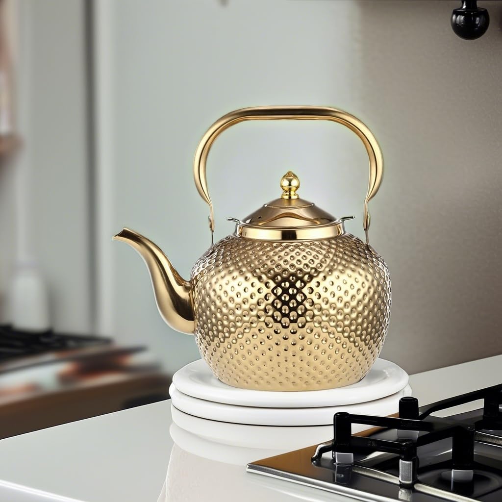 Alunsito Teapot for Stove Top, Stovetop Tea Kettle, Food Grade Stainless Steel Tea Kettle, 2.1qt Metal Tea Pot with Tea Strainer for Easy Tea, Coffee, Gold, 2 Liters