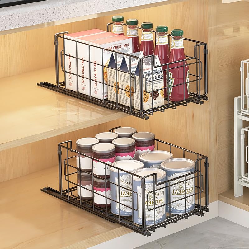 Irishom Expandable Shelf Pull Out Cabinet Basket Organizer, 2 Pack