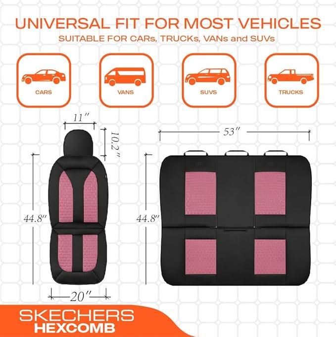 Skechers Memory Foam™ Car Seat Cover Full Sets, Hexcomb Breathable Thick Seat Covers, Airbag Compatible, Automotive Comfort & Protection for Most Cars,Van,Trucks, SUVs (Pink,Full Set)