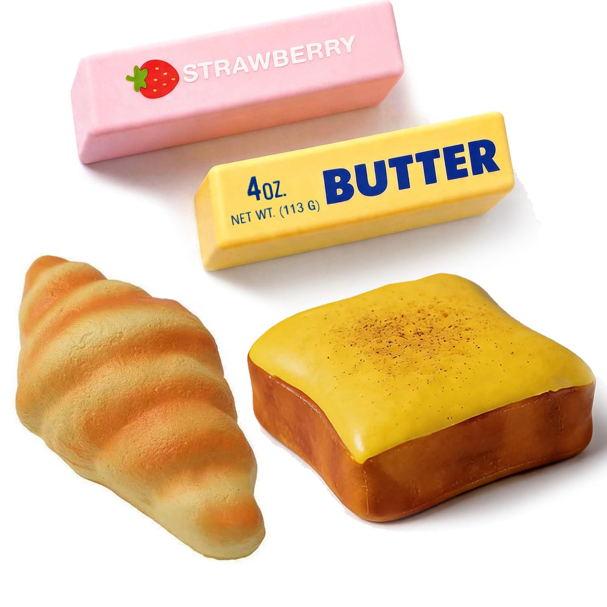 4Pcs Squishy Toys Set, Slow Rising Butter Squishy, Toast Bread and Croissant Squishies, Soft PU Foam Squeeze Toys for Stress Relief, Fidget Toys, Party Favors, Desk Toys, Gifts for Adults