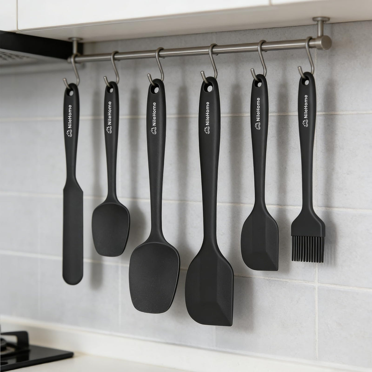 NileHome 6 Pieces Silicone Spatula Set with Silicone Brush,Mixing-Black
