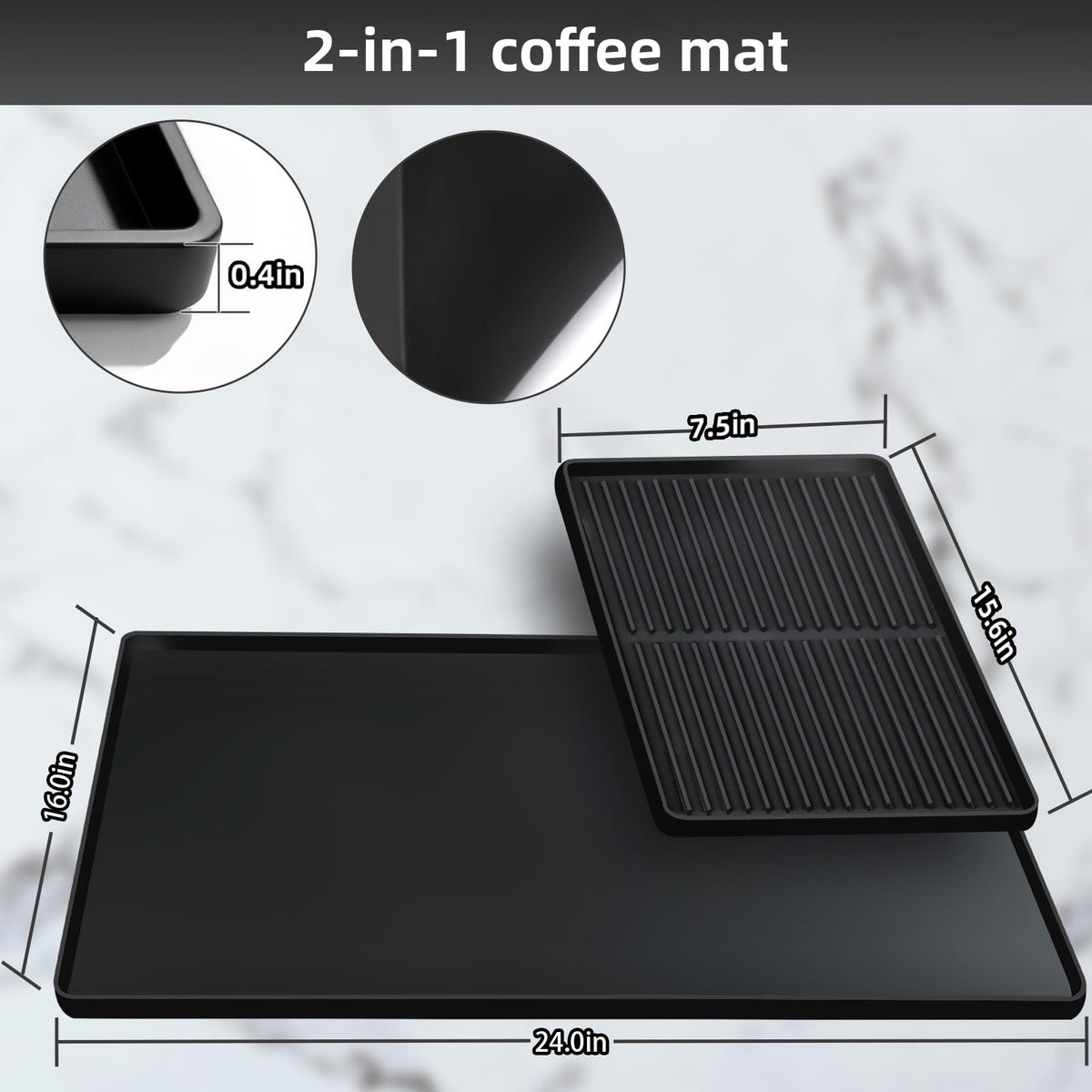 Coffee Mat with Detachable Dish Drying Mat，24'' x 16'' Large Silicone Coffee Bar Station Mat for Countertop, Stays in Place, Waterproof and Heat Resistant Machine Accessories Mat with Raised Edges