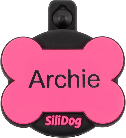 SiliDog AirTag Holder Silent Dog ID Tag – Personalized Engraved Silicone Pet Tag – Durable, Glow-in-The-Dark – Pink Bone
