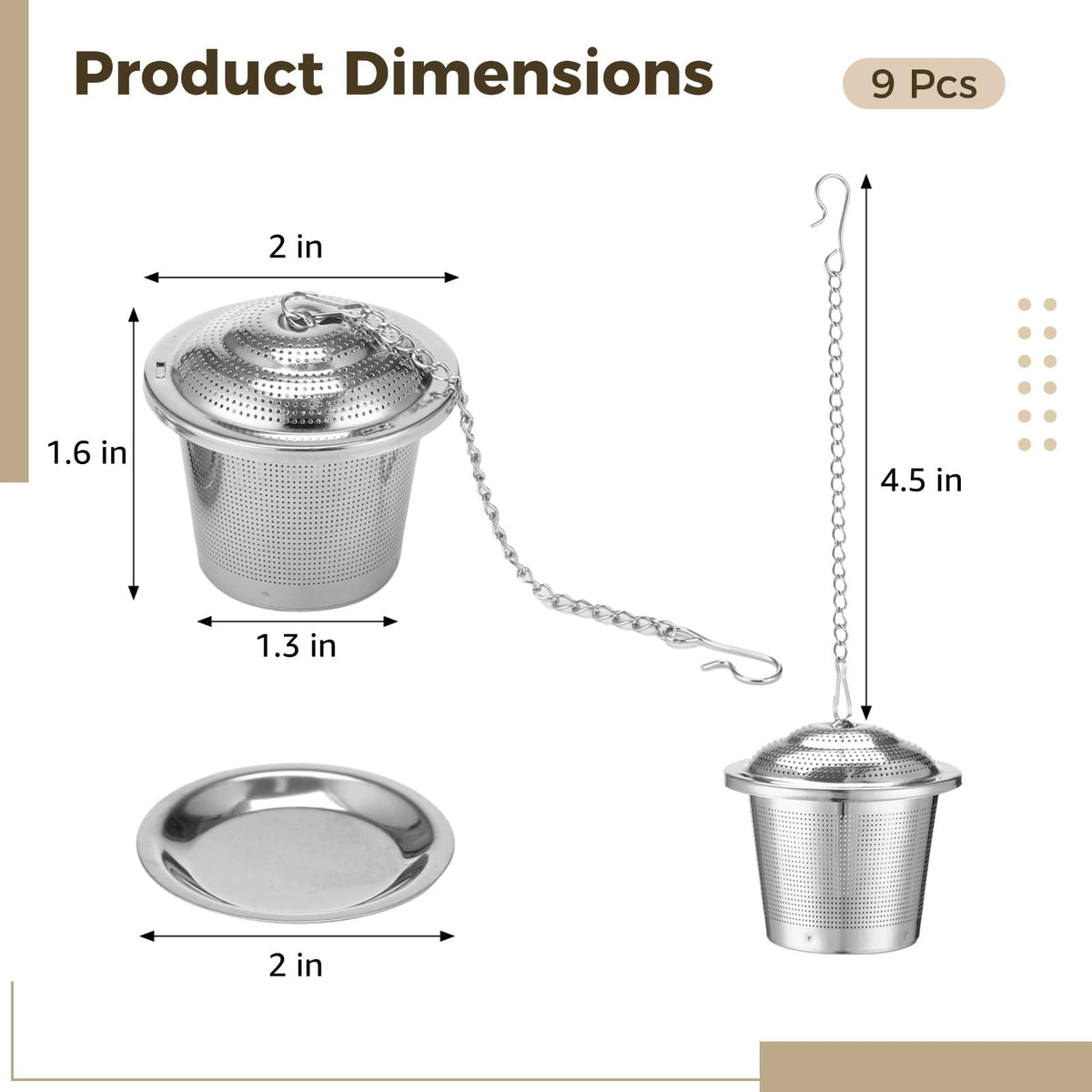 9 Pcs Stainless Steel Tea Infusers, Mesh Loose Leaf Tea Strainers, Mesh Strainer with Drip Trays and Hook Chain, Ideal for Cups, Mugs, Teapots