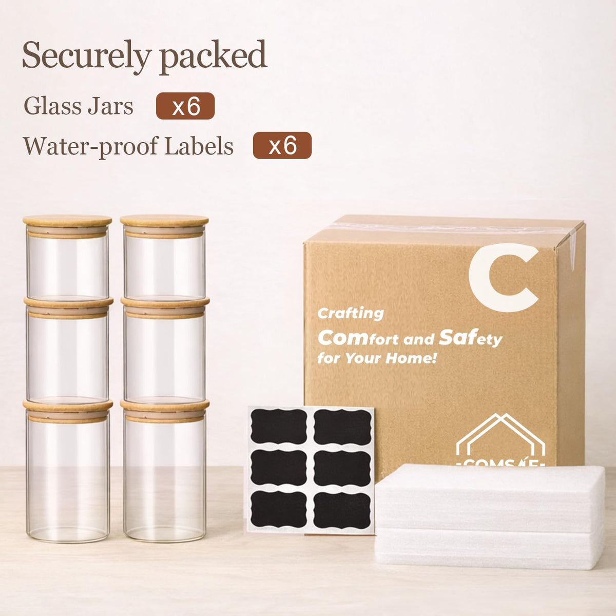 ComSaf Glass Storage Containers with Lids, Set of 6 Jars (0.6Qt/1Qt/1.5Qt)