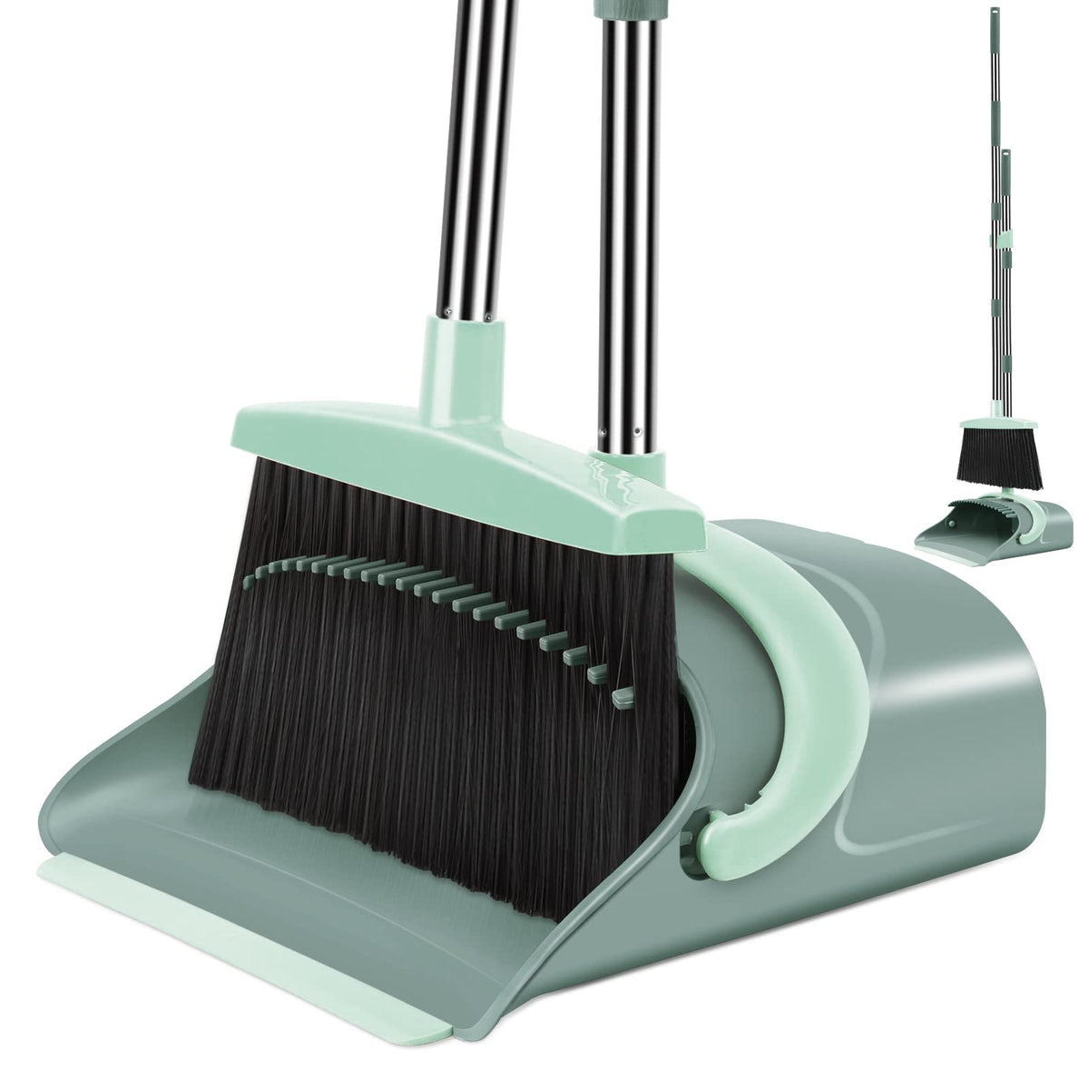 Ivandar Broom and Dustpan Set for Home, Dust pan with Long Handle, Broom with Dustpan Combo Set, for Home Kitchen Room Office Lobby Floor Use Upright Stand Up Sweeping (Gray&Green)