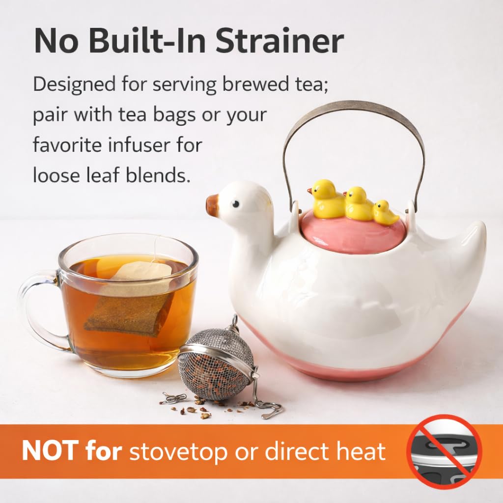 WUYIAZHI Cute Duck Ceramic Teapot, 40 oz, Iron Handle