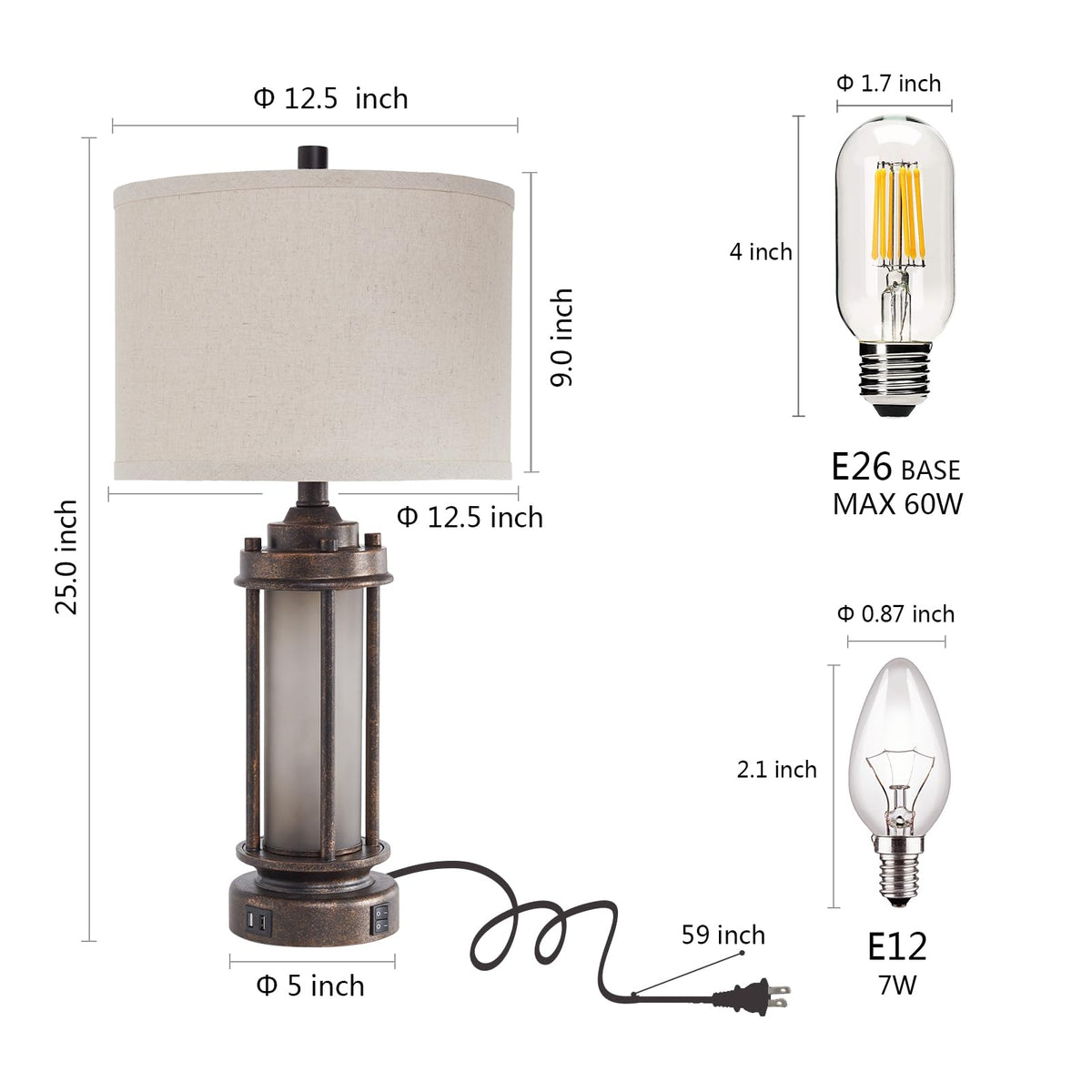 AIEAMPDO 25" Farmhouse Lamps for Living Room with 2 USB C+A Ports