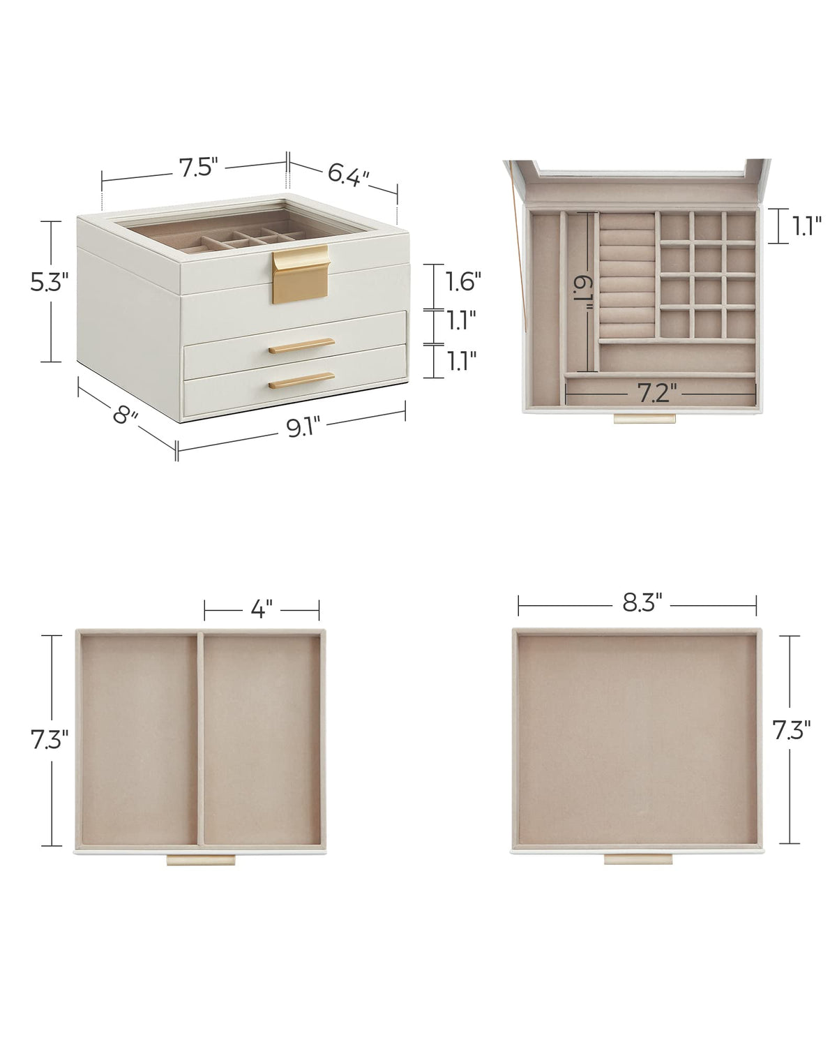 SONGMICS Jewelry Box Organizer, 3-Layer Storage with 2 Drawers, Glass Lid