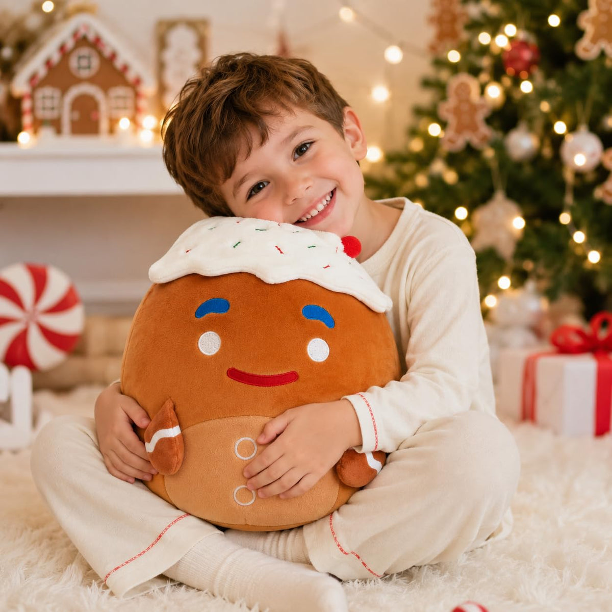 Christmas Gingerbread Man Plush Toy with Frosting Hat, Plushie Pillow 12"