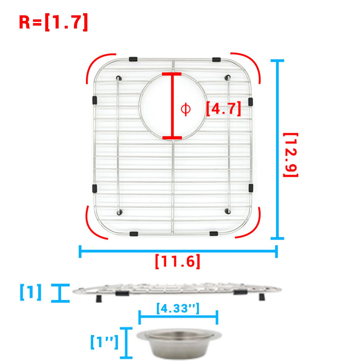 YORZSDI Kitchen Sink Grid 11-3/4" x 12-1/4"- Heavy Duty Kitchen Sink Protector with Built-in Strainer & Rear Drain, Non-Slip Rubber Feet & Scratch Resistant Bottom Guard
