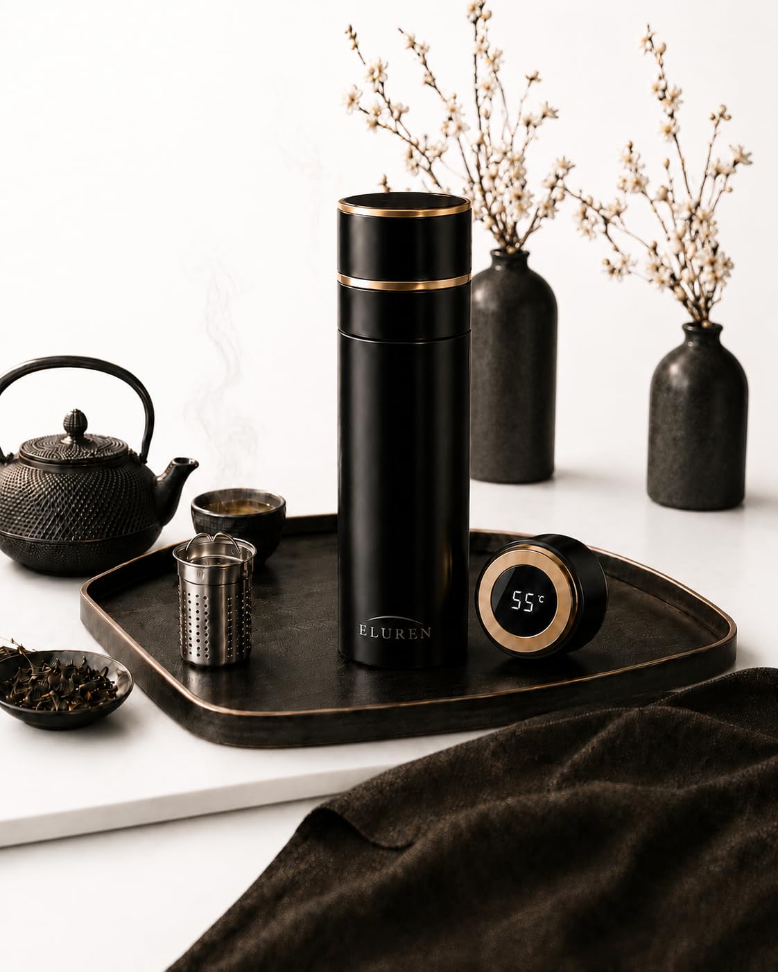ELUREN Vacuum Insulated Stainless Steel Thermal Smart Water/Coffee/Tea Tumbler & Flask with Tea Infuser, LED Temperature Display, One-Click Opening, Leak-Proof, Keeps Drinks Hot or Cold for Hrs, Black