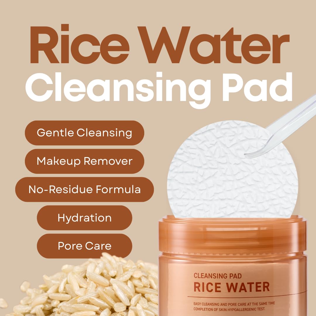 SOMISOME Rice Water Cleansing Pads – Makeup Remover Wipes & Korean Toner Pads with Centella Asiatica, Exfoliating for Blackhead Removal & Pore Minimizer, 50 Pad
