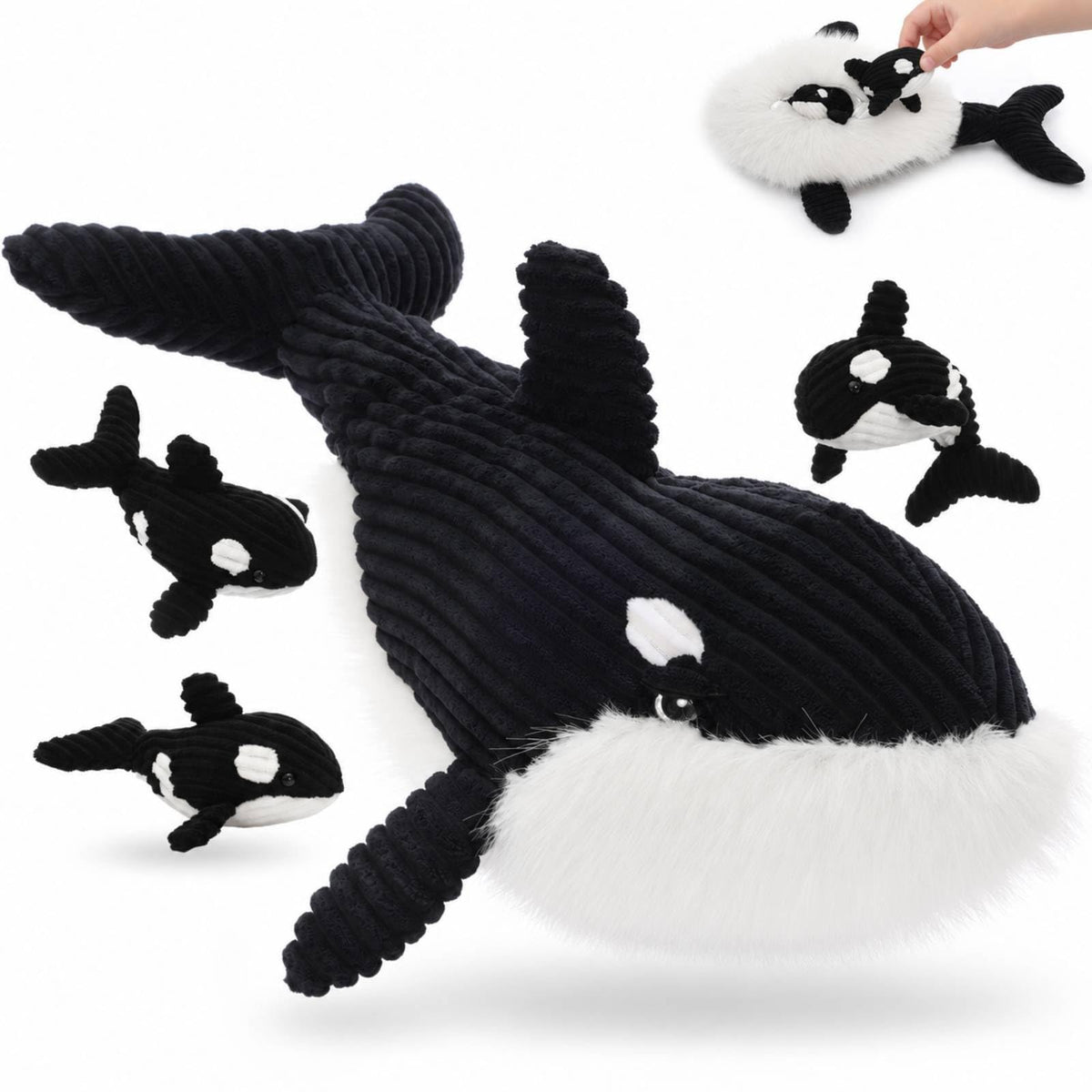 MorisMos 4Pcs Orca Stuffed Animals with Babies Inside, 23.6in Orca Family Plush Toy, Killer Whale Stuffed Animal Birthday for Kids Girls Boys