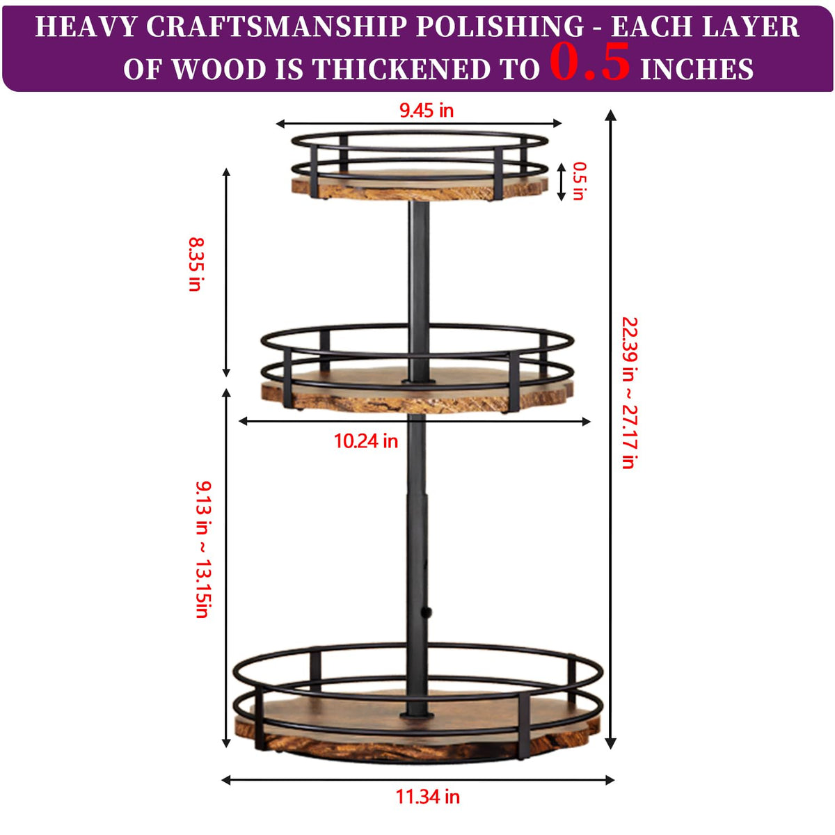 Heavy-Duty 3-Tier Lazy Susan Organizer, Adjustable to Different Heights, Countertop Spice Rack, Upgraded Thickened Wooden Board, Suitable for Seasoning Organizer, Kitchen Organization