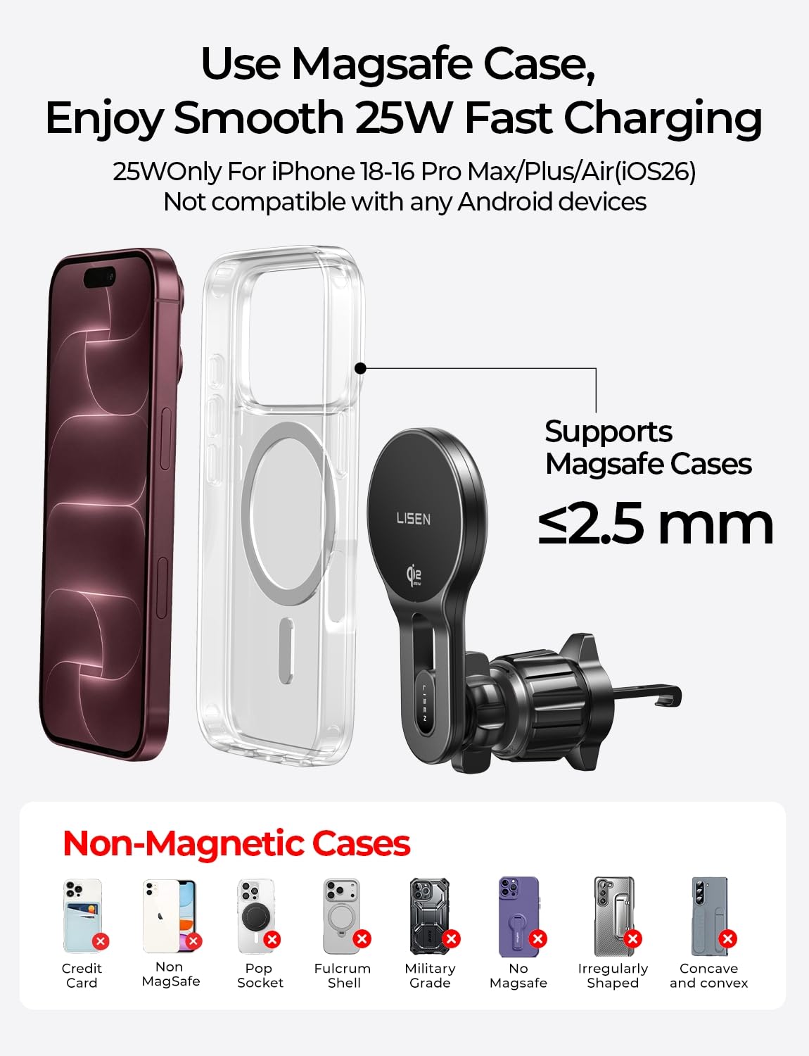 LISEN for Qi2.2 25W MagSafe Car Mount Charger for iPhone 18 Pro Max, Car Vent Magnetic Car Charger Stable Qi2 Wireless Charging Car Charger Mount Holder,Car Mount,Car Vent Mount for iPhone 18 17 16