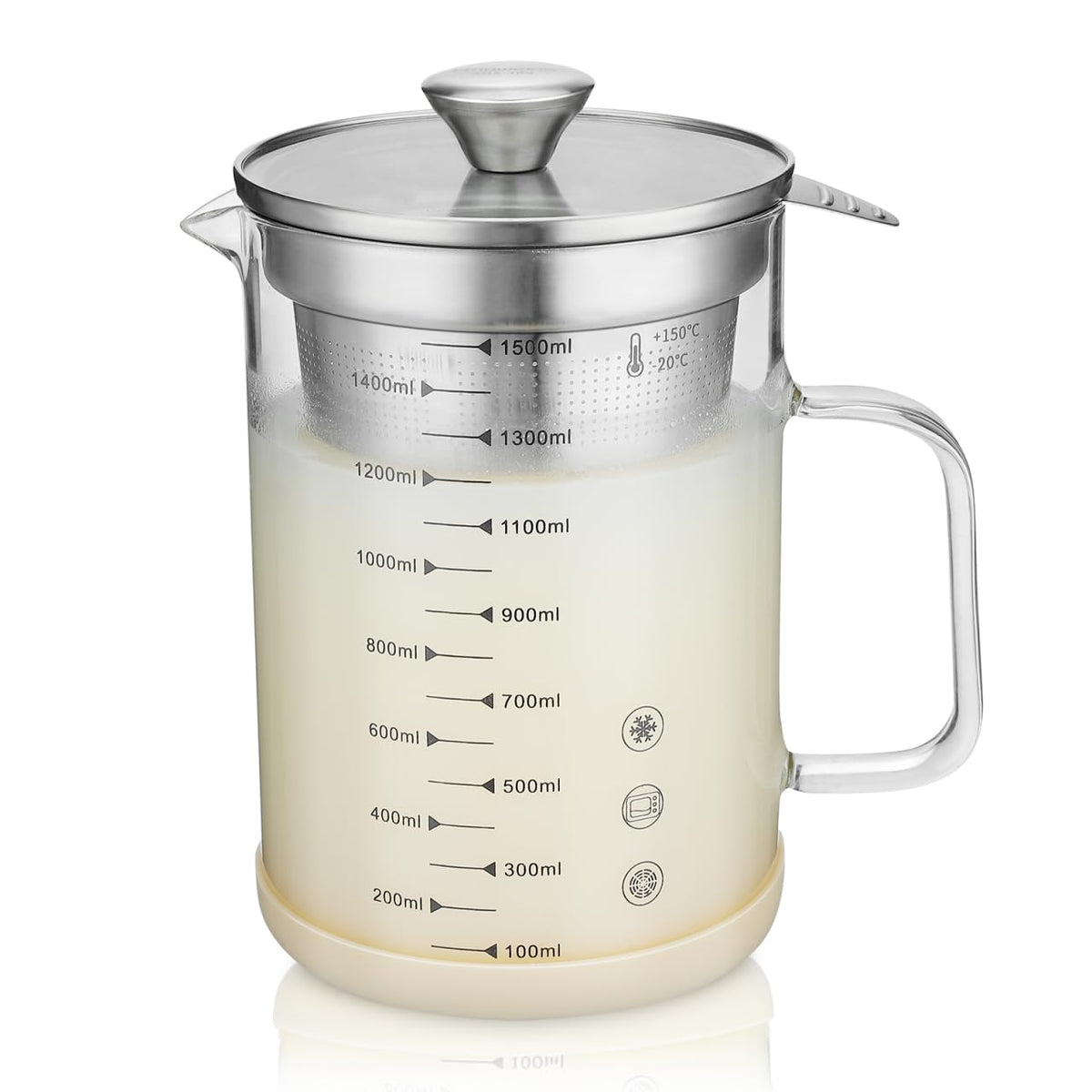 Kichvoe 1.5L Glass Pitcher with Fine Mesh Strainer & Scale: Bacon Grease Container Food Strainer Soy Milk Filter Teapot with Lid For Oil Milk Juice Water Tea Beverages