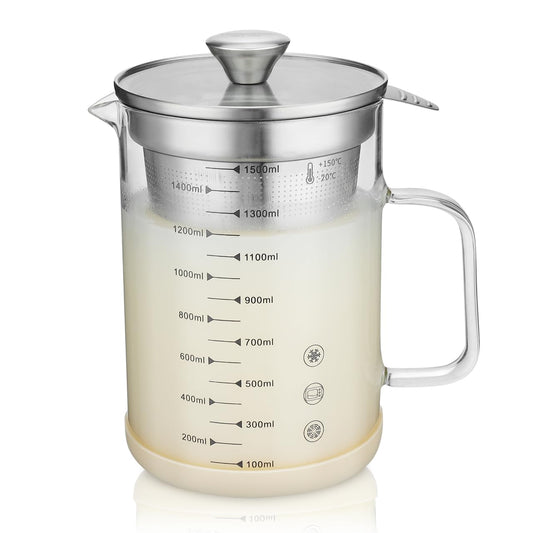 Kichvoe 1.5L Glass Pitcher with Fine Mesh Strainer & Scale: Bacon Grease Container Food Strainer Soy Milk Filter Teapot with Lid For Oil Milk Juice Water Tea Beverages